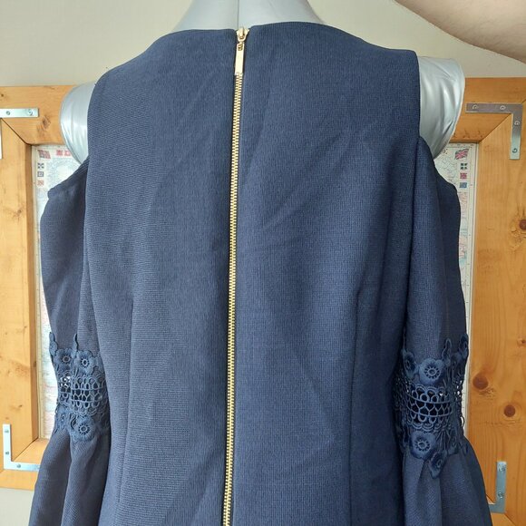 Eliza J- Blue Dress Cold Shoulder Bell Sleeve Exposed Zip Back Women's Size 12 - Picture 6 of 12